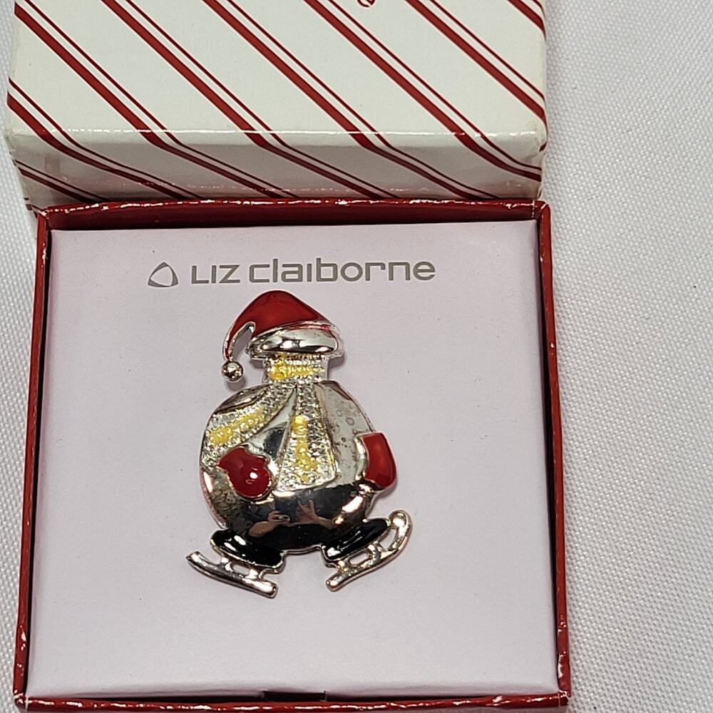 Liz‎ Claiborne 1.5" tall Skating Snowman Brooch Pin Winter Christmas Holiday VTG